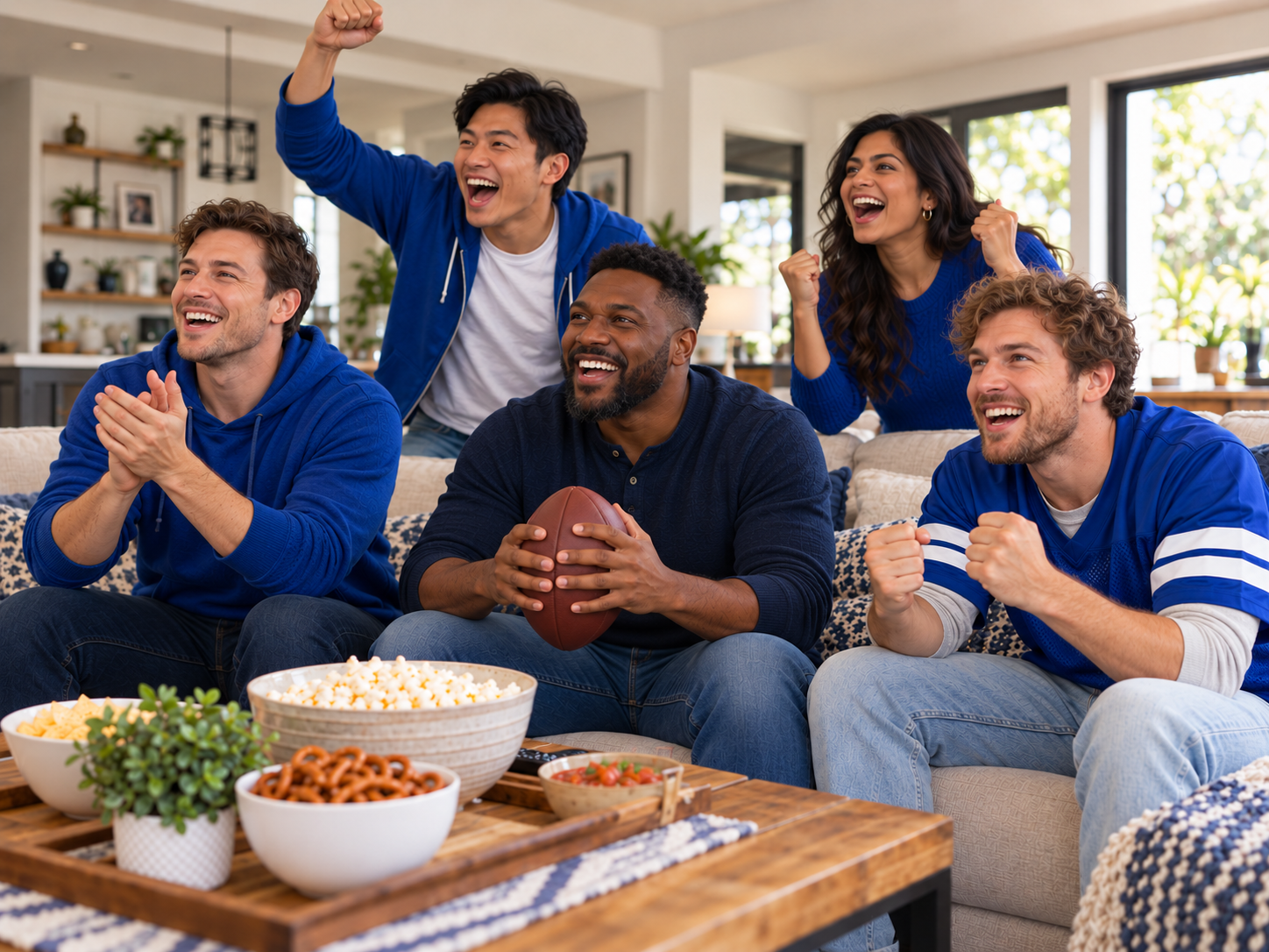 A diverse group of friends celebrating an American football game together at home