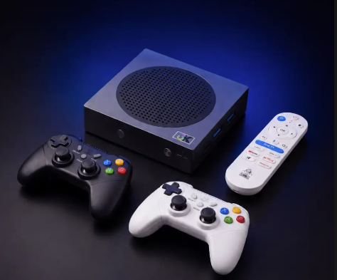 Studio composite of the ODI TV 2.0 gaming box with controllers